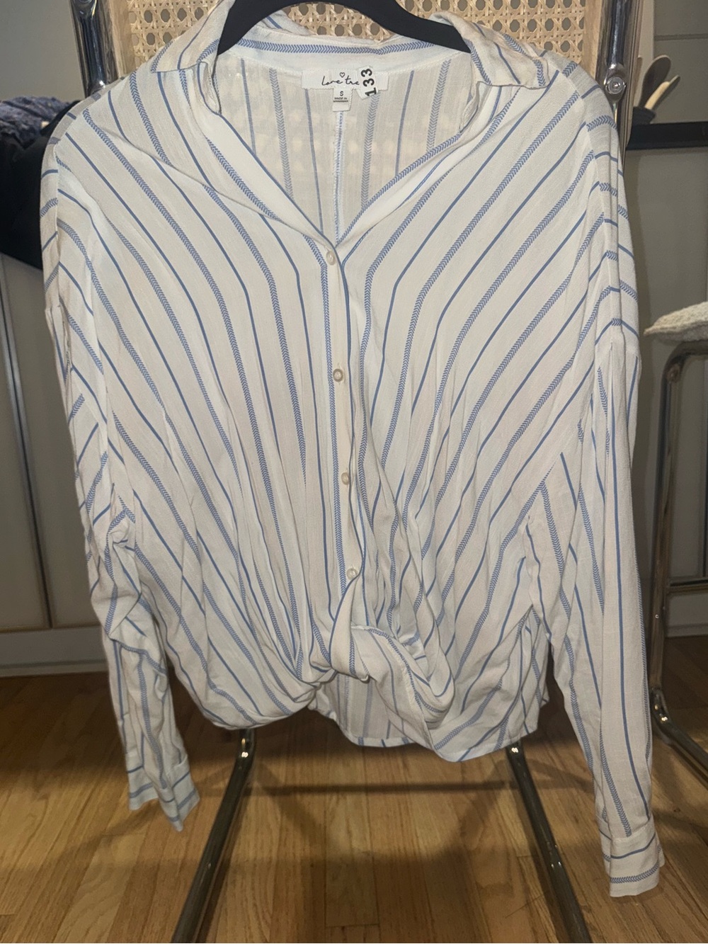 Blue Stripe Button-Front Tie Hem Top